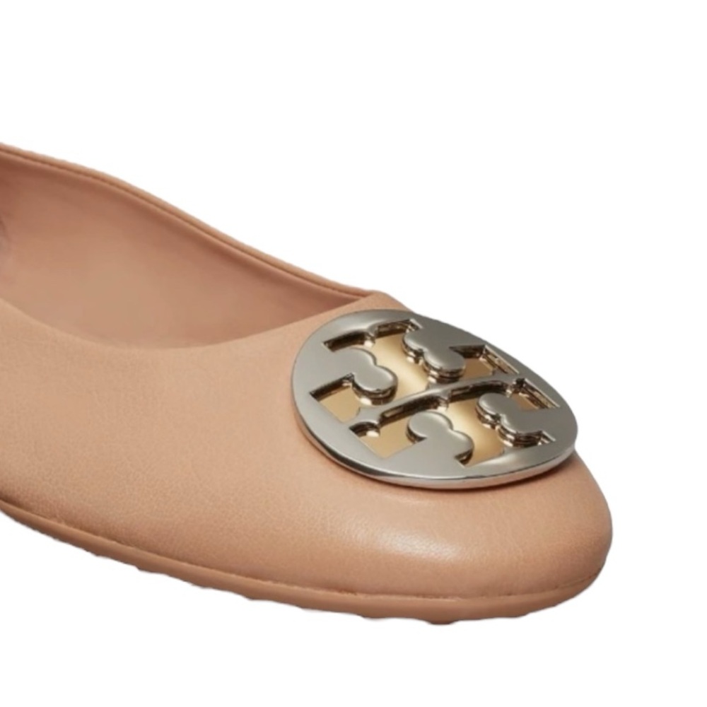 Tory Burch Claire ballet flats shoes almond silver & gold metal medallion 8